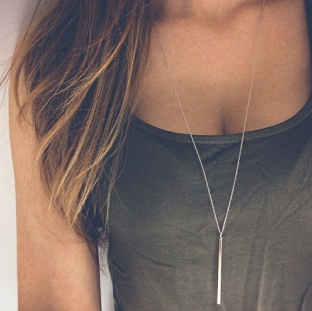 Silver Minimal Bar Necklace Minimalist Bar & Chain - Picture 3 of 3